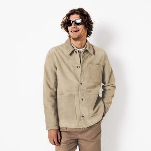 Blouson en cuir col chemise - Beige