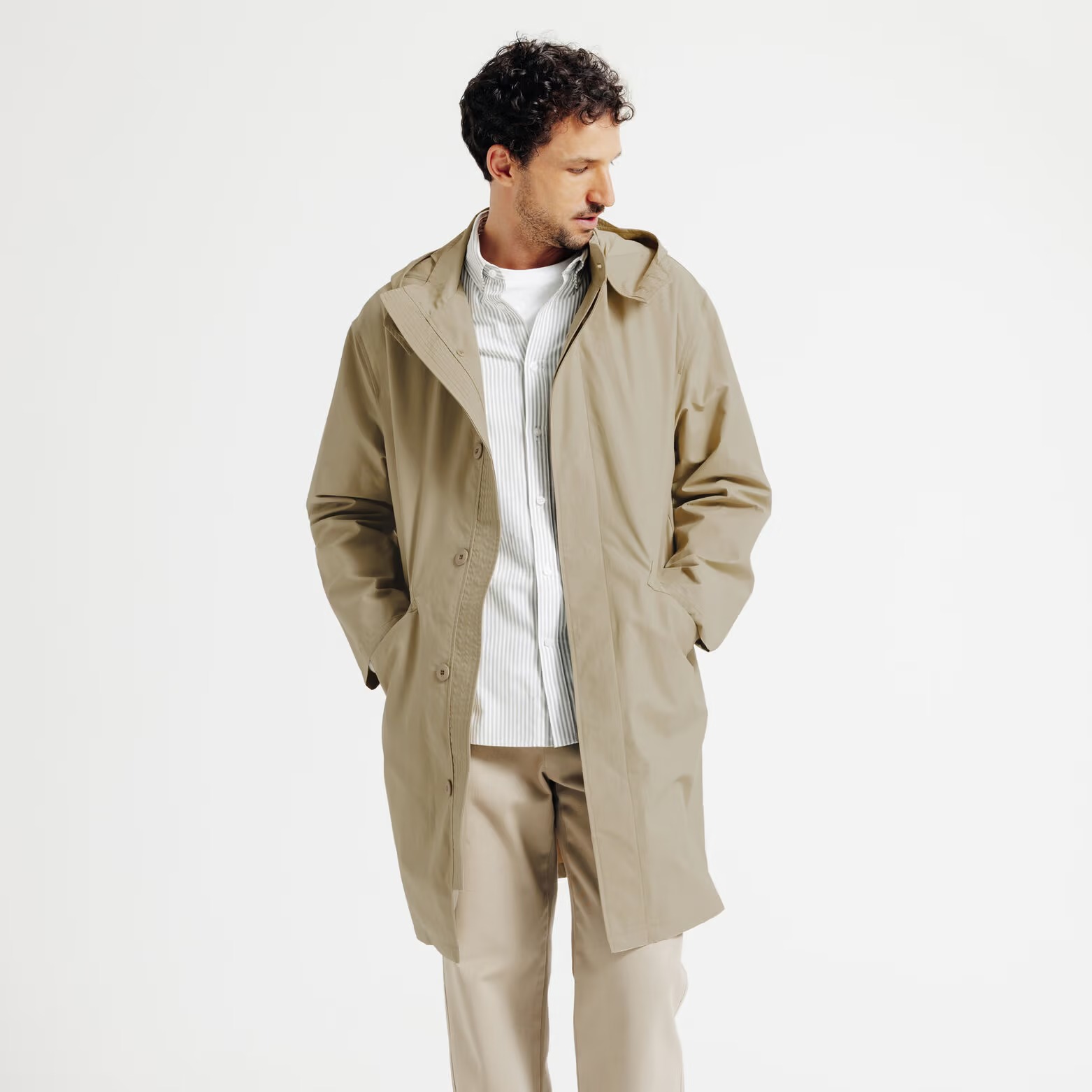 Parka longue boutonnée à capuche - Beige