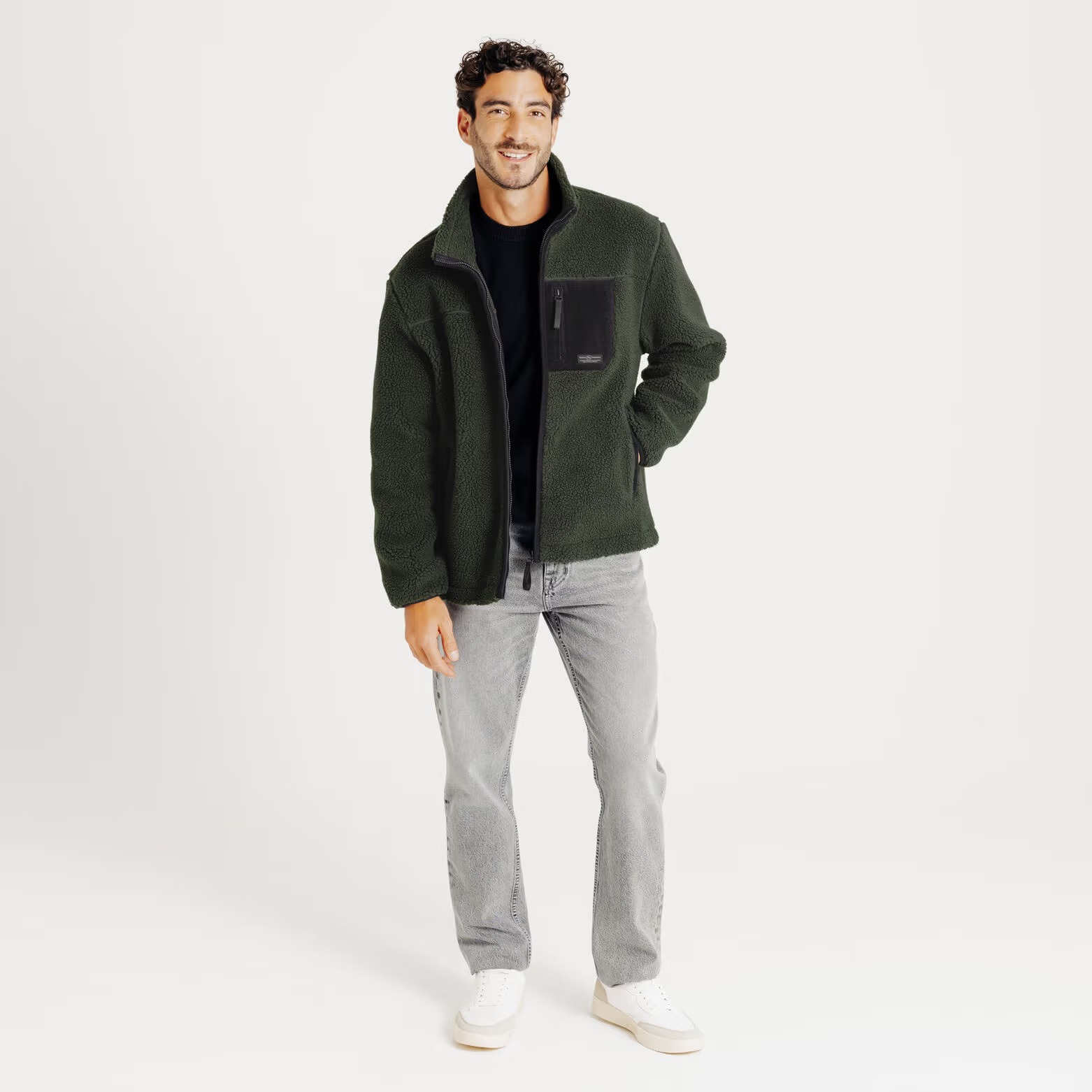Veste zippée en sherpa contrastée - Vert kaki - Image 4