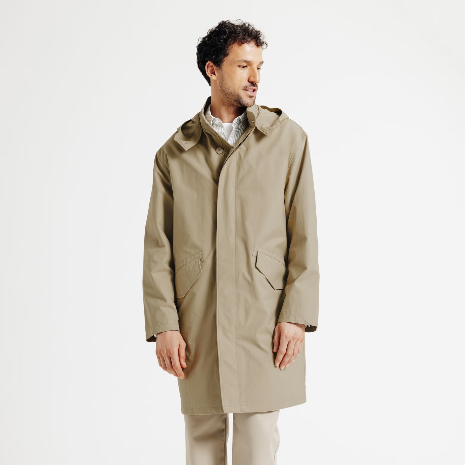 Parka longue boutonnée à capuche - Beige - Image 3